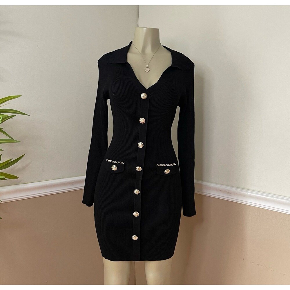 Jolie & Joy Women’s Front Gold Button Chain Ribbed Bodycon Dress